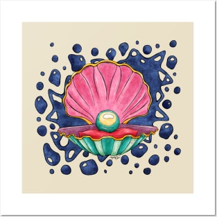 Cartoonish clam with pearl, bright seashell Posters and Art